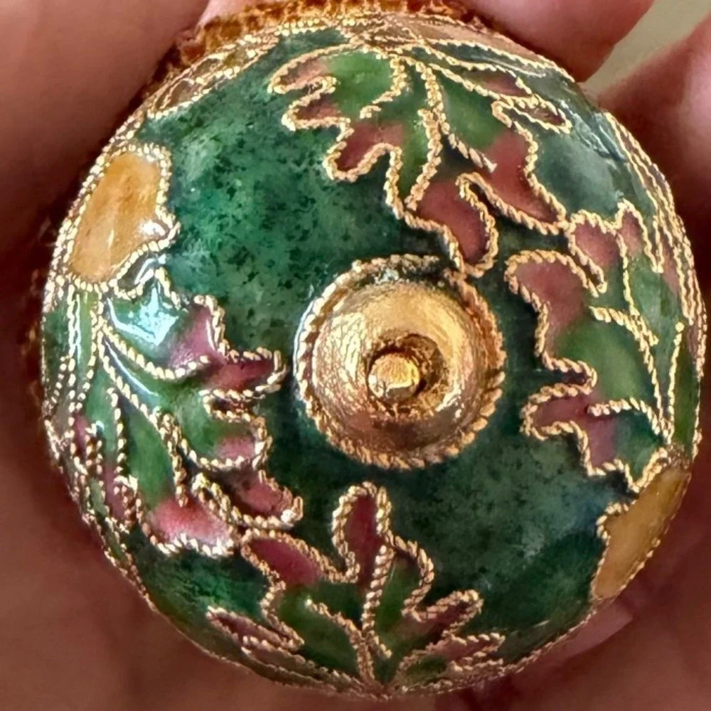 Value Arts Handmade Cloisonne Acorn Ornament Green Gold Oak Leaf Filigree Decor